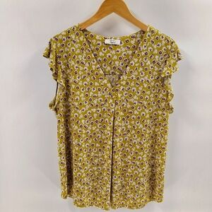 Beacon Apparel Pullover Blouse Size XL Green White Floral Print Ruffle Sleeve